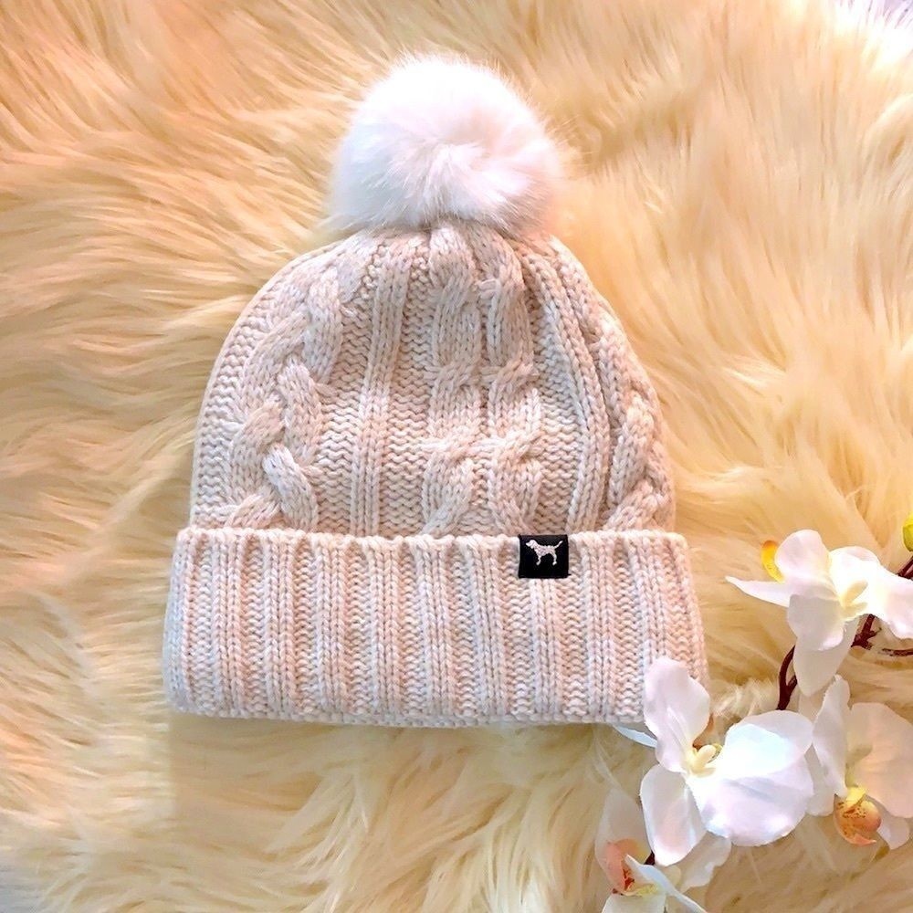 Pink By Victoria Secret Fleece Lined Winter Pom Pom Hat